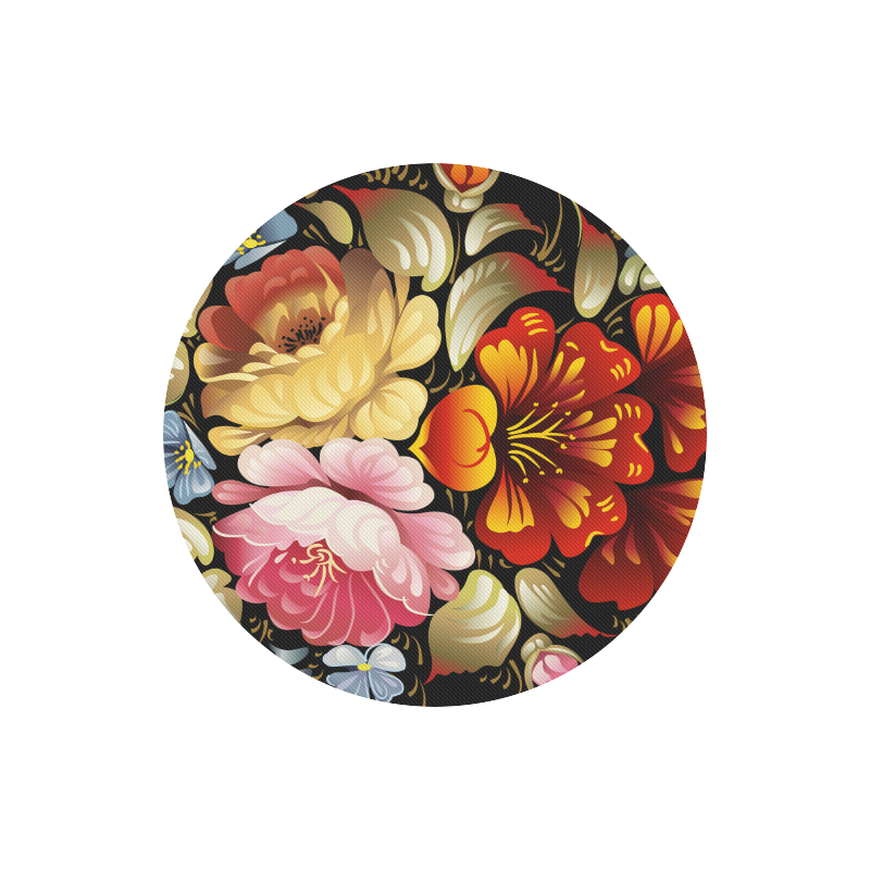 Beautiful Vintage Folk Art Floral On Black Round Mousepad