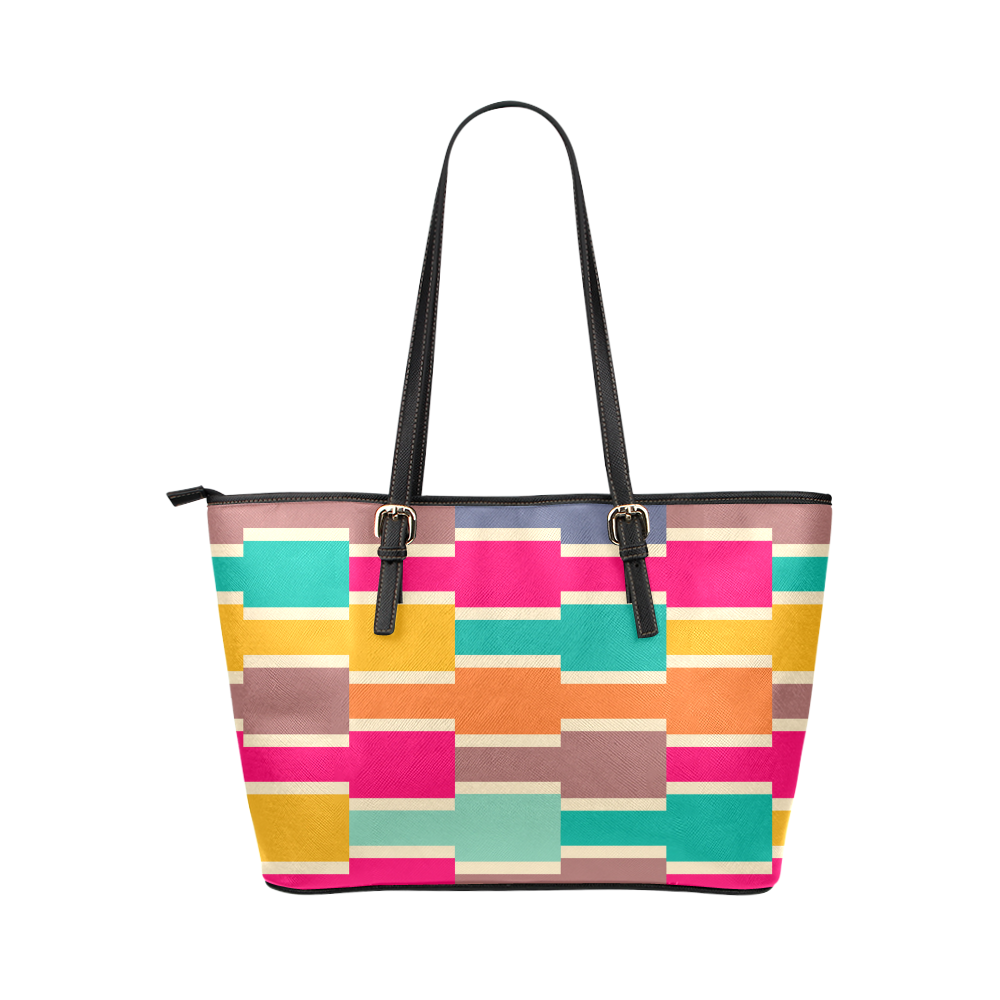 Connected colorful rectangles Leather Tote Bag/Large (Model 1651)