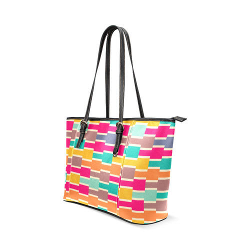 Connected colorful rectangles Leather Tote Bag/Large (Model 1640)