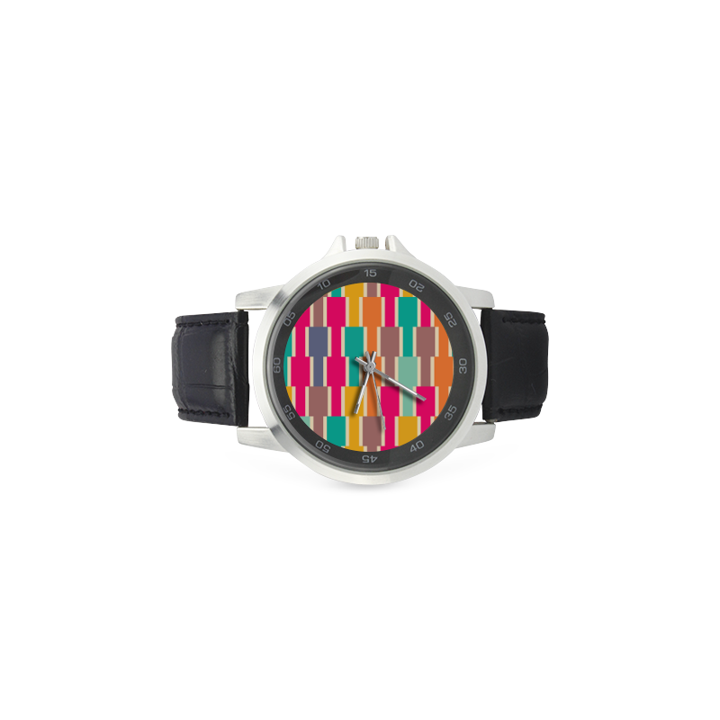 Connected colorful rectangles Unisex Stainless Steel Leather Strap Watch(Model 202)