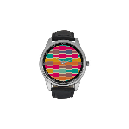 Connected colorful rectangles Men's Leather Strap Large Dial Watch(Model 213)