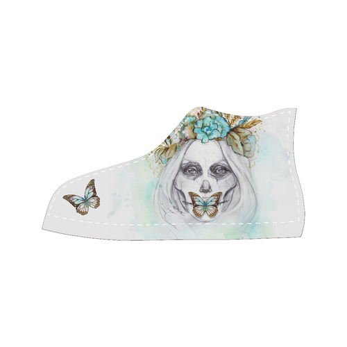 Sugar Skull Girl Mint Gold With Flowers High Top Canvas Women's Shoes/Large Size (Model 017)