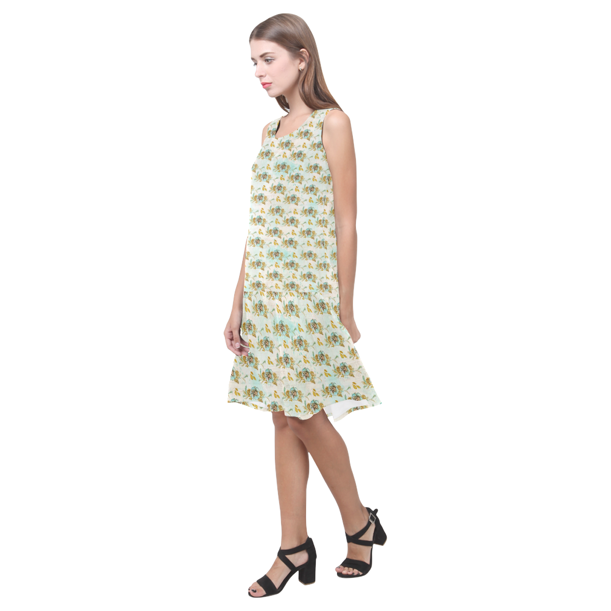 watercolor flowers mint gold Sleeveless Splicing Shift Dress(Model D17)