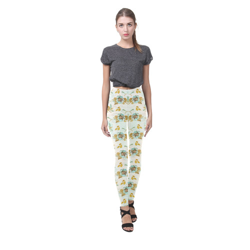 watercolor flowers mint gold Cassandra Women's Leggings (Model L01)