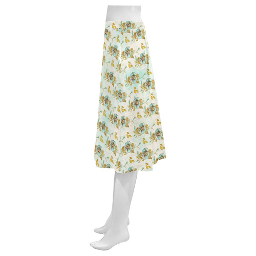watercolor flowers mint gold Mnemosyne Women's Crepe Skirt (Model D16)