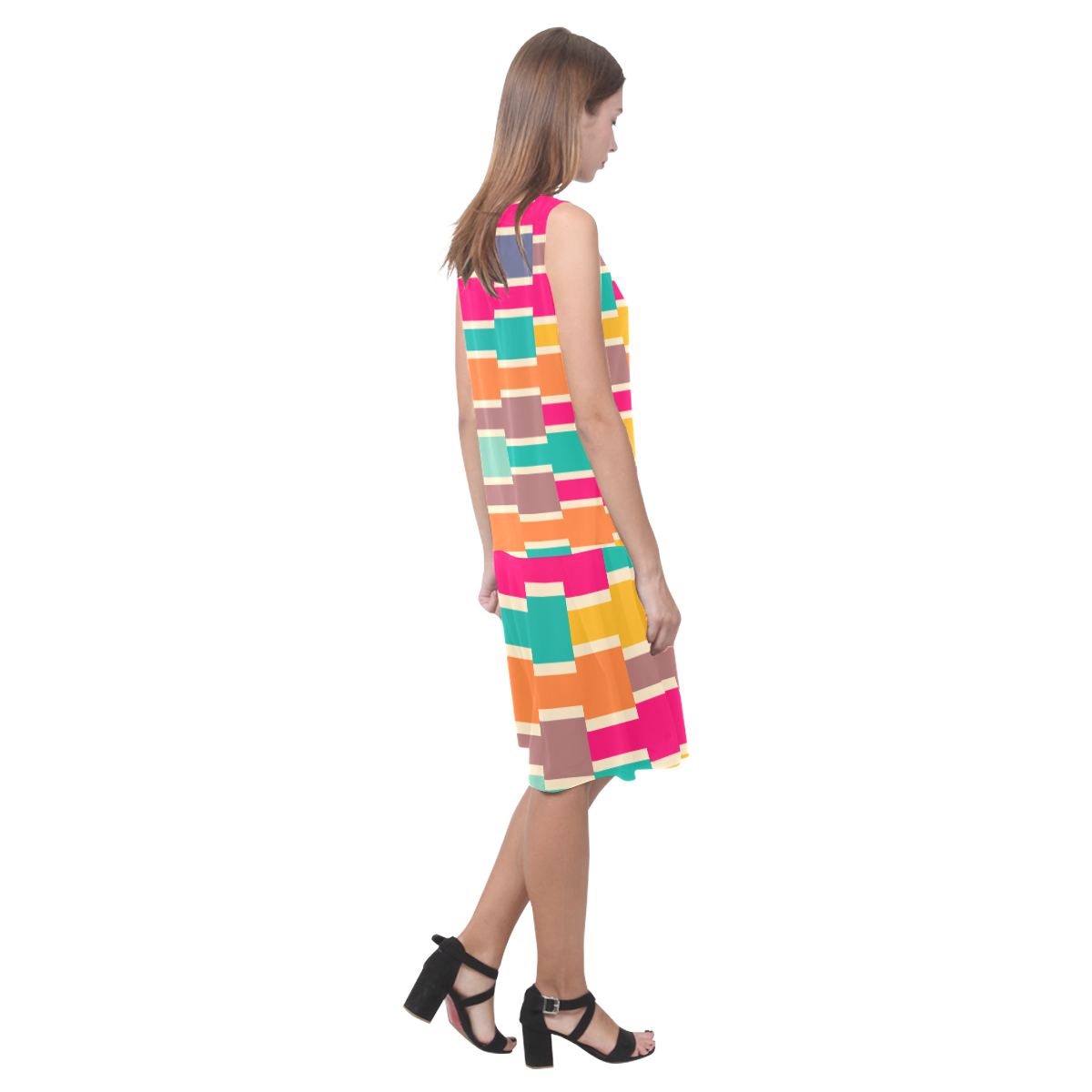 Connected colorful rectangles Sleeveless Splicing Shift Dress(Model D17)