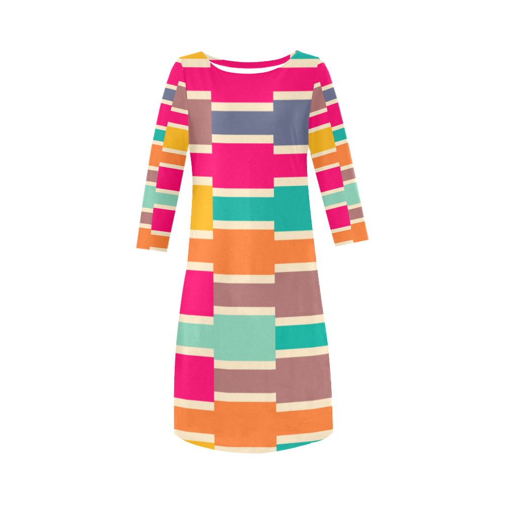 Connected colorful rectangles Round Collar Dress (D22)