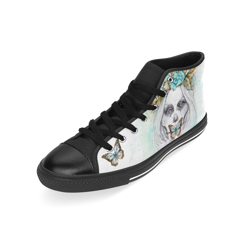 Sugar Skull Girl Mint Gold With Flowers High Top Canvas Women's Shoes/Large Size (Model 017)