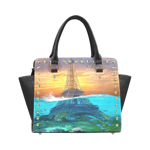 Sunk eiffel tower underwater world fish Rivet Shoulder Handbag (Model 1645)