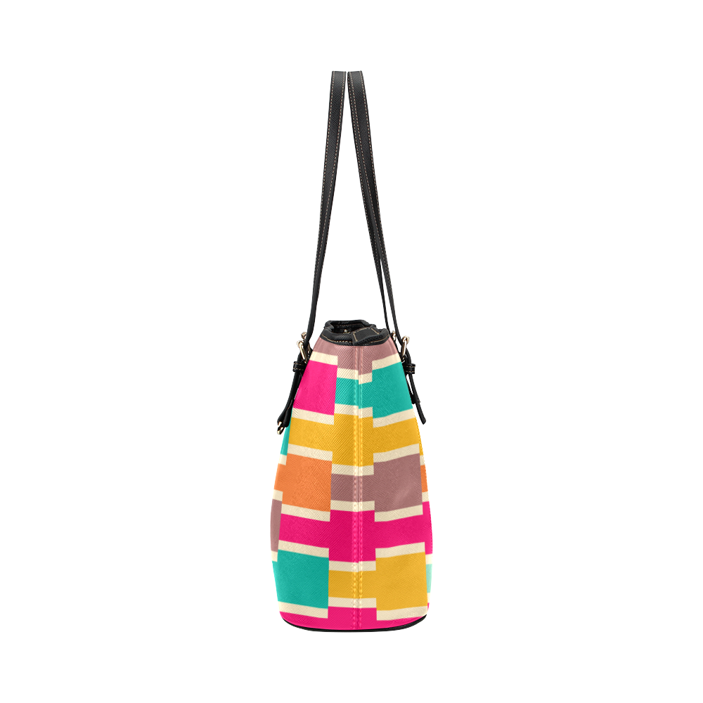 Connected colorful rectangles Leather Tote Bag/Large (Model 1651)