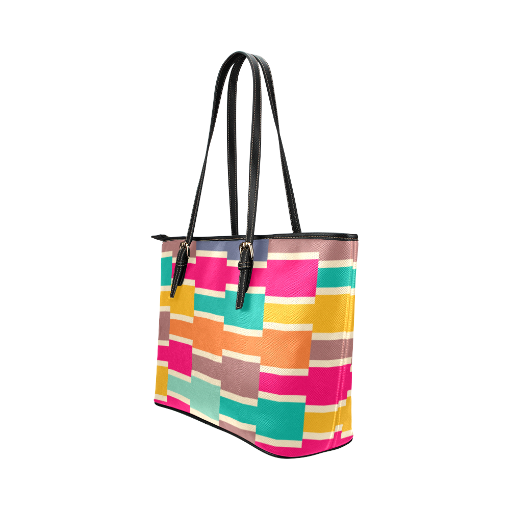 Connected colorful rectangles Leather Tote Bag/Large (Model 1651)