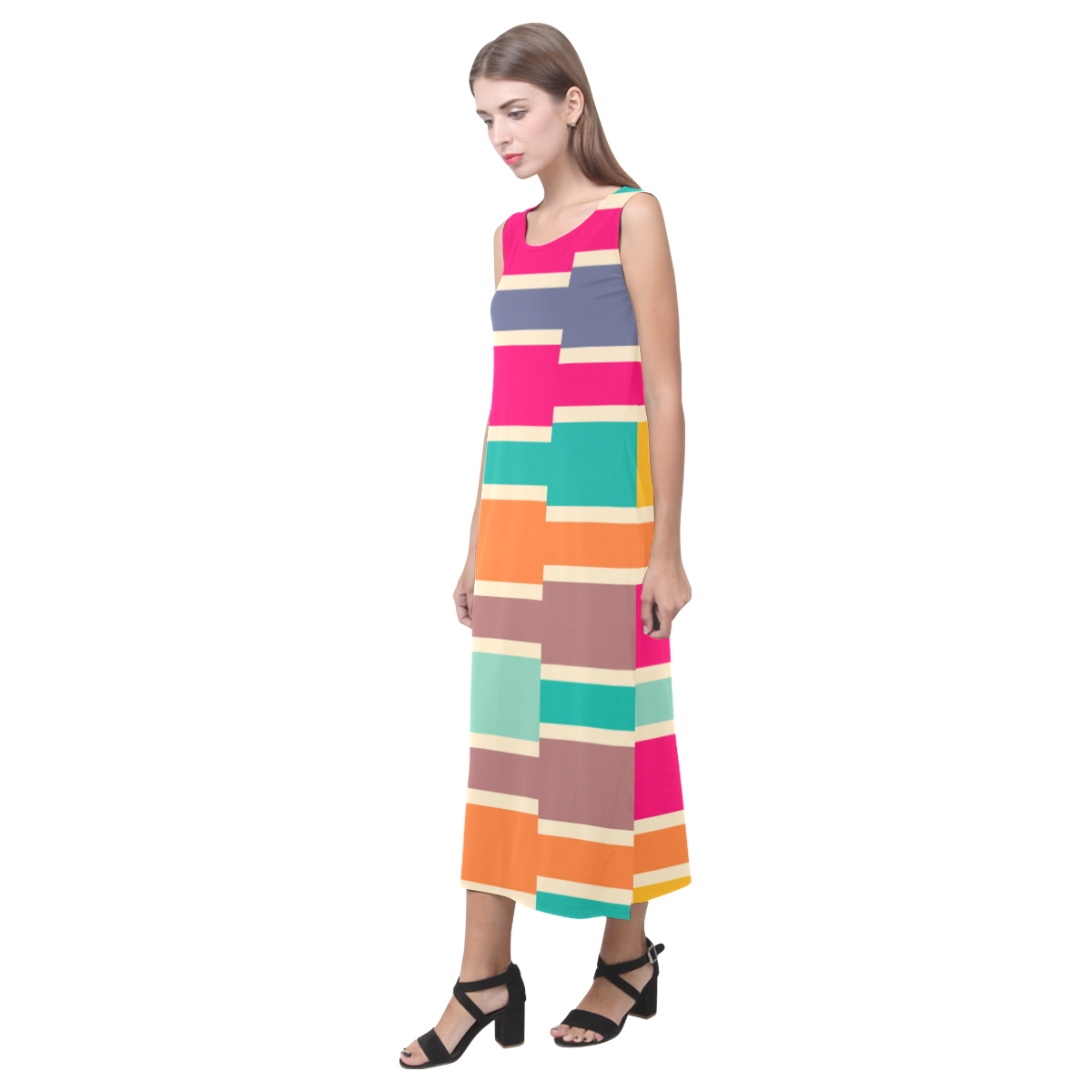 Connected colorful rectangles Phaedra Sleeveless Open Fork Long Dress (Model D08)