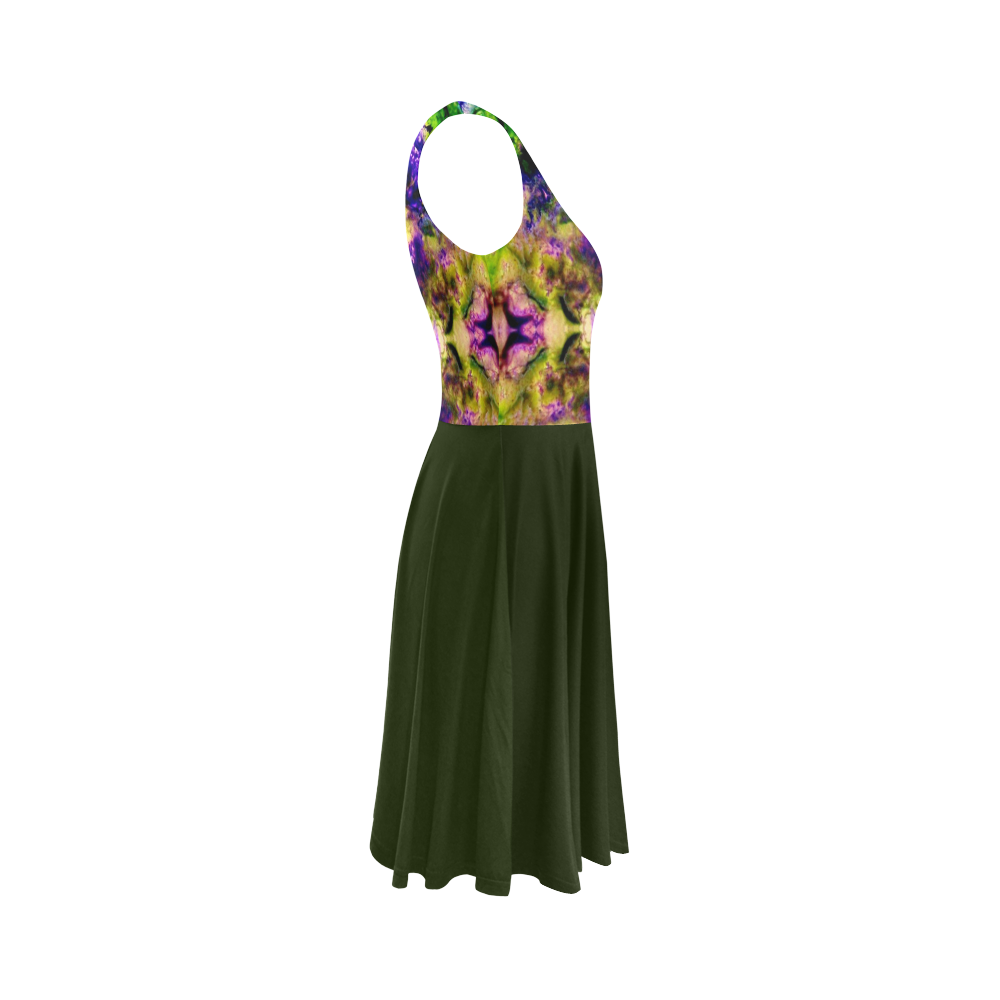 Green,Purple Yellow ,Goa Pattern Sleeveless Ice Skater Dress (D19)