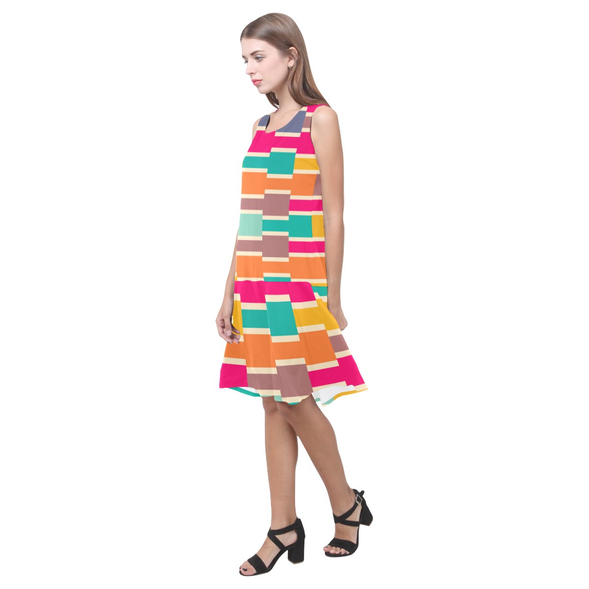Connected colorful rectangles Sleeveless Splicing Shift Dress(Model D17)