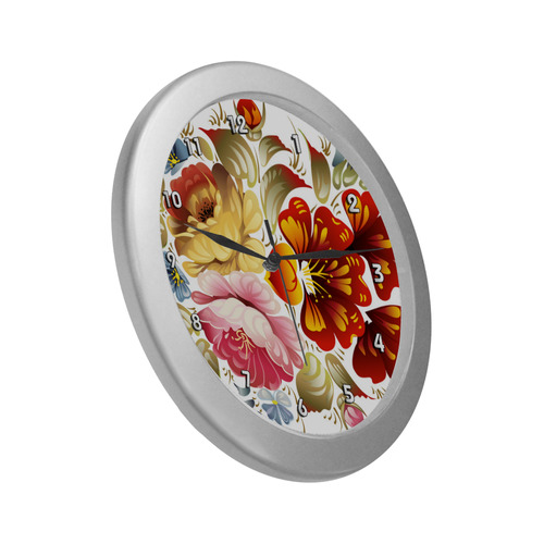 Vintage Folk Art Floral Flower Silver Color Wall Clock