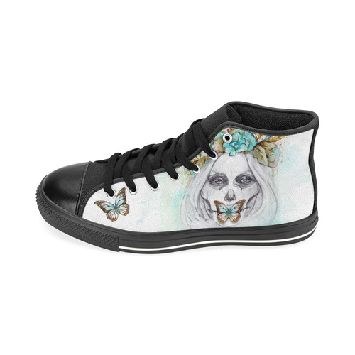 Sugar Skull Girl Mint Gold With Flowers High Top Canvas Women's Shoes/Large Size (Model 017)