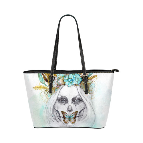 Sugar Skull Girl Mint Gold Leather Tote Bag/Small (Model 1651)