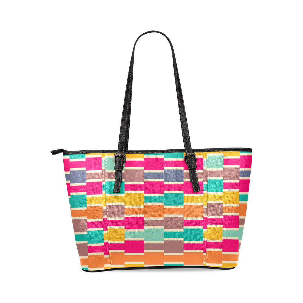 Connected colorful rectangles Leather Tote Bag/Large (Model 1640)