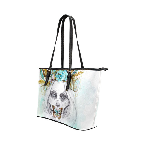 Sugar Skull Girl Mint Gold Leather Tote Bag/Small (Model 1651)