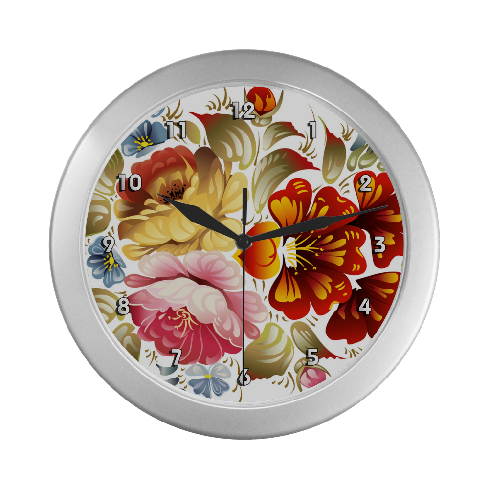 Vintage Folk Art Floral Flower Silver Color Wall Clock