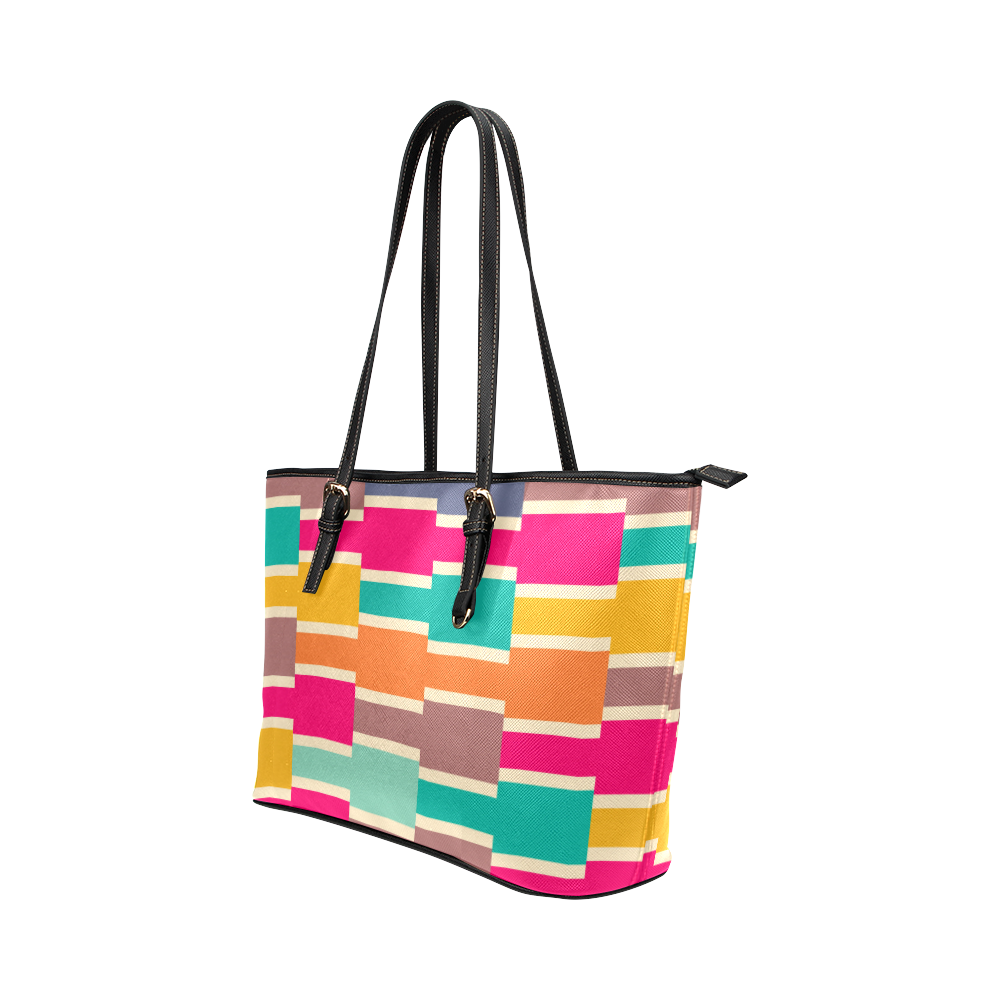 Connected colorful rectangles Leather Tote Bag/Large (Model 1651)