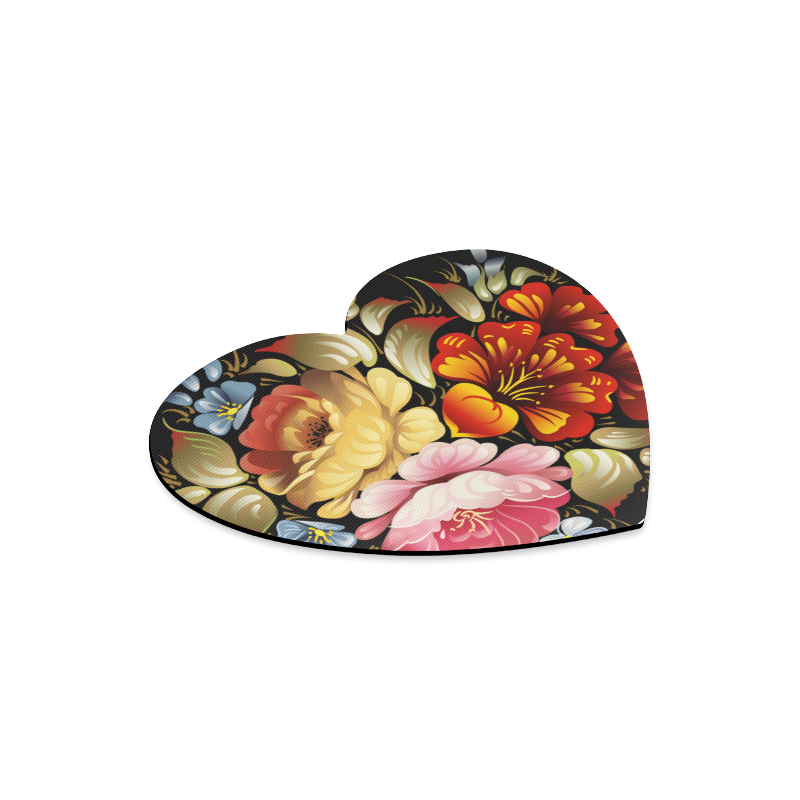 Beautiful Vintage Folk Art Floral On Black Heart-shaped Mousepad