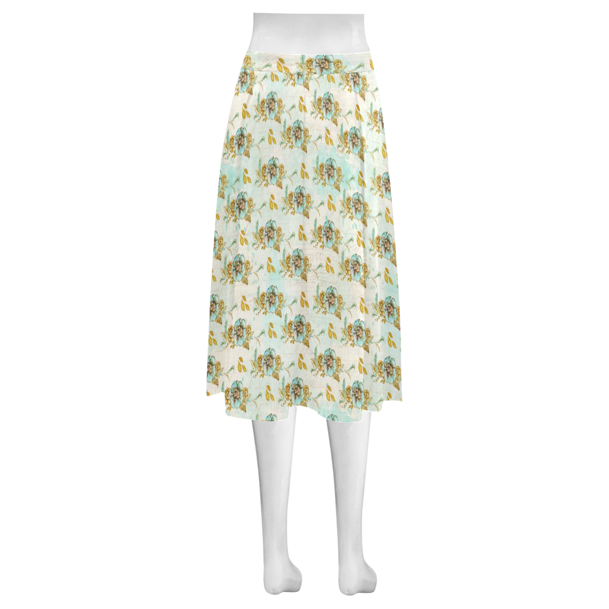 watercolor flowers mint gold Mnemosyne Women's Crepe Skirt (Model D16)