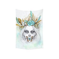 Sugar Skull Girl Mint Gold Cotton Linen Wall Tapestry 40"x 60"