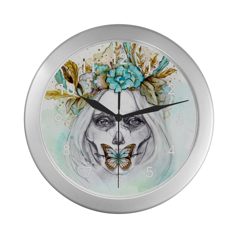 Sugar Skull Girl Mint Gold Silver Color Wall Clock