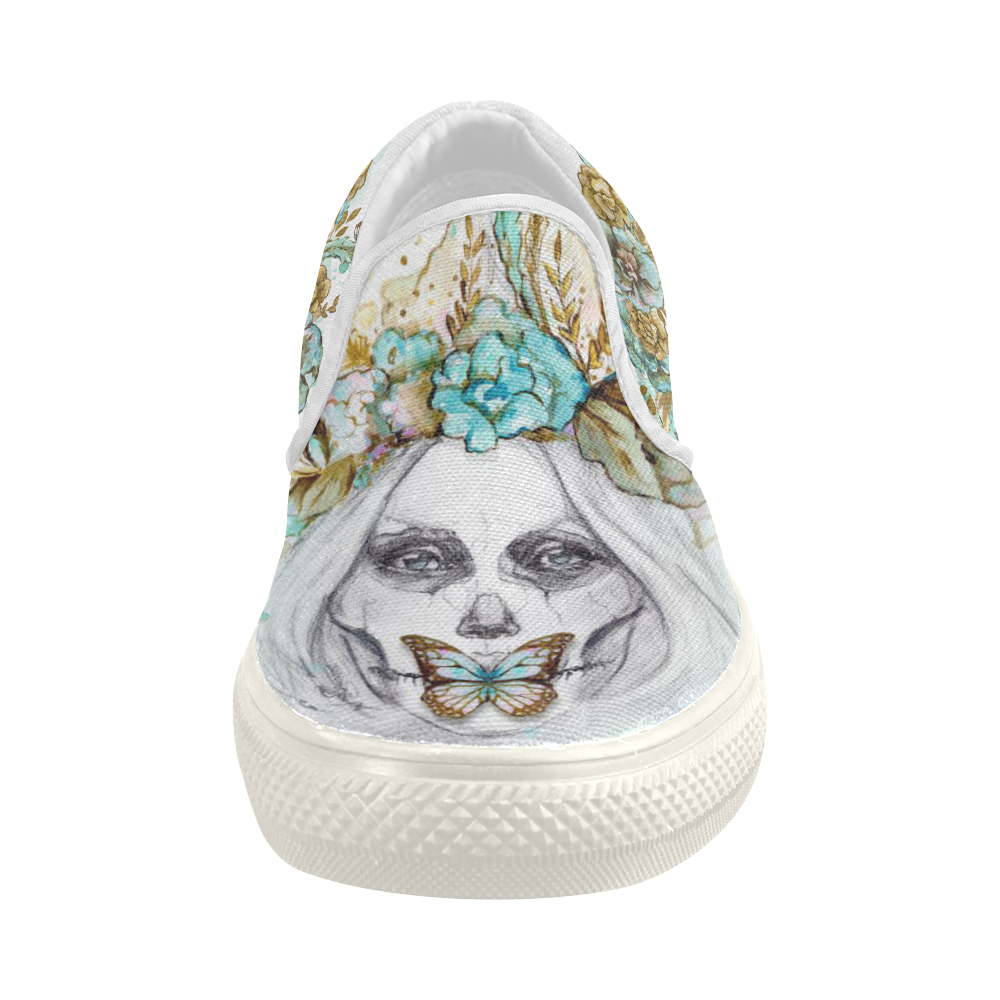 Sugar Skull Girl Mint Gold Women's Slip-on Canvas Shoes (Model 019)