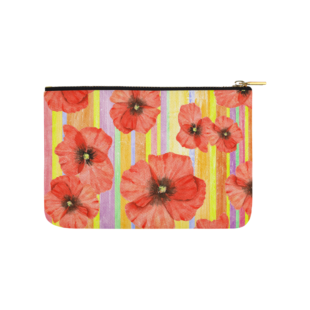 Watercolor STRIPES red POPPIES Blossoms Carry-All Pouch 9.5''x6''