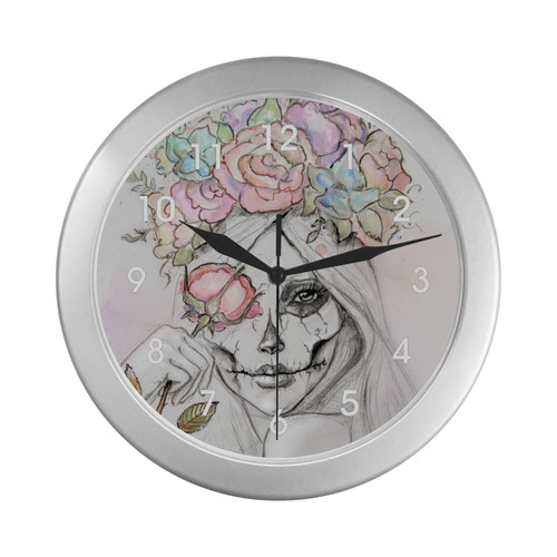 Boho Queen, skull girl, watercolor woman Silver Color Wall Clock