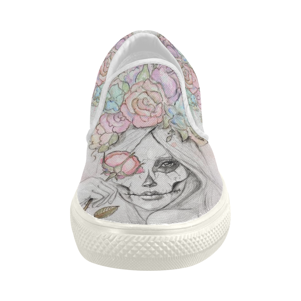 Boho Queen, skull girl, watercolor woman Women's Slip-on Canvas Shoes (Model 019)