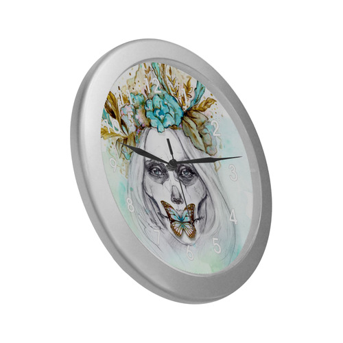 Sugar Skull Girl Mint Gold Silver Color Wall Clock