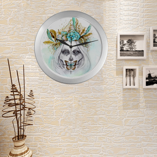 Sugar Skull Girl Mint GoldSugar Skull Girl Mint Gold Silver Color Wall Clock