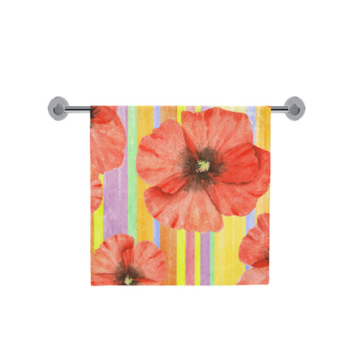 Watercolor STRIPES red POPPIES Blossoms Bath Towel 30"x56"