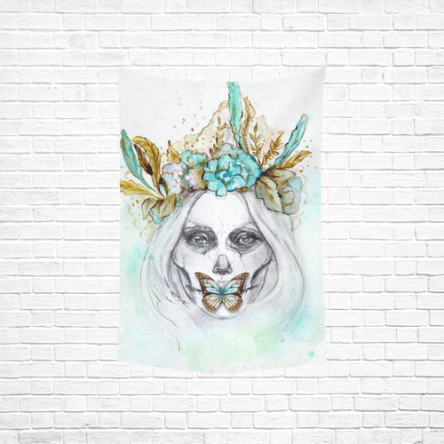 Sugar Skull Girl Mint Gold Cotton Linen Wall Tapestry 40"x 60"
