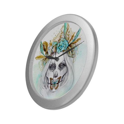 Sugar Skull Girl Mint GoldSugar Skull Girl Mint Gold Silver Color Wall Clock