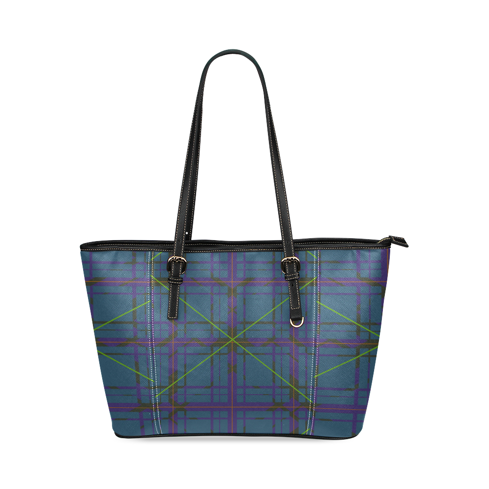 Neon Plaid Modern Design Leather Tote Bag/Small (Model 1640)