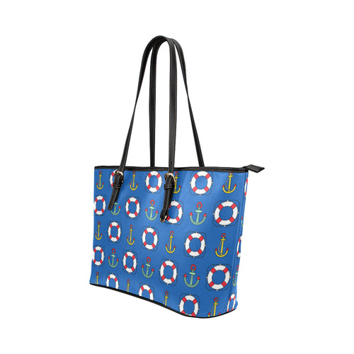 Nautical Pattern With Anchors Leather Tote Bag/Large (Model 1651)