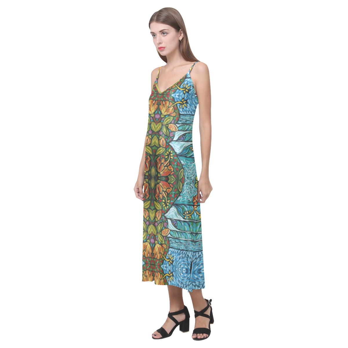 Ocean Flower V-Neck Open Fork Long Dress(Model D18)