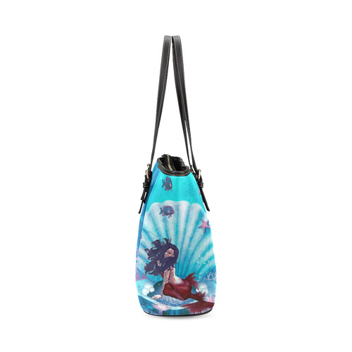 mermaid in a shell Leather Tote Bag/Small (Model 1640)