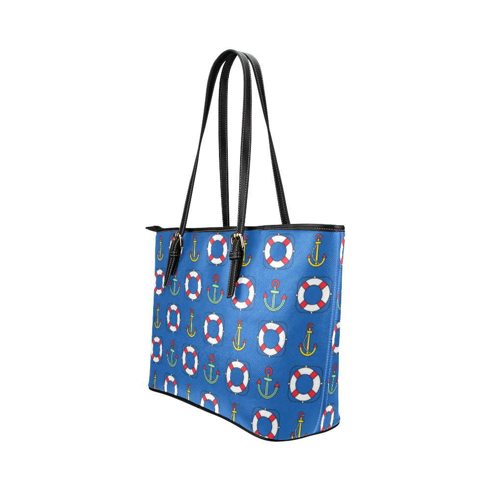 Nautical Pattern With Anchors Leather Tote Bag/Large (Model 1651)