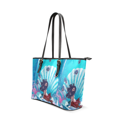 mermaid in a shell Leather Tote Bag/Large (Model 1640)
