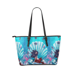 mermaid in a shell Leather Tote Bag/Large (Model 1640)