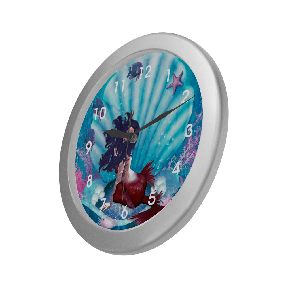 mermaid in a shell Silver Color Wall Clock