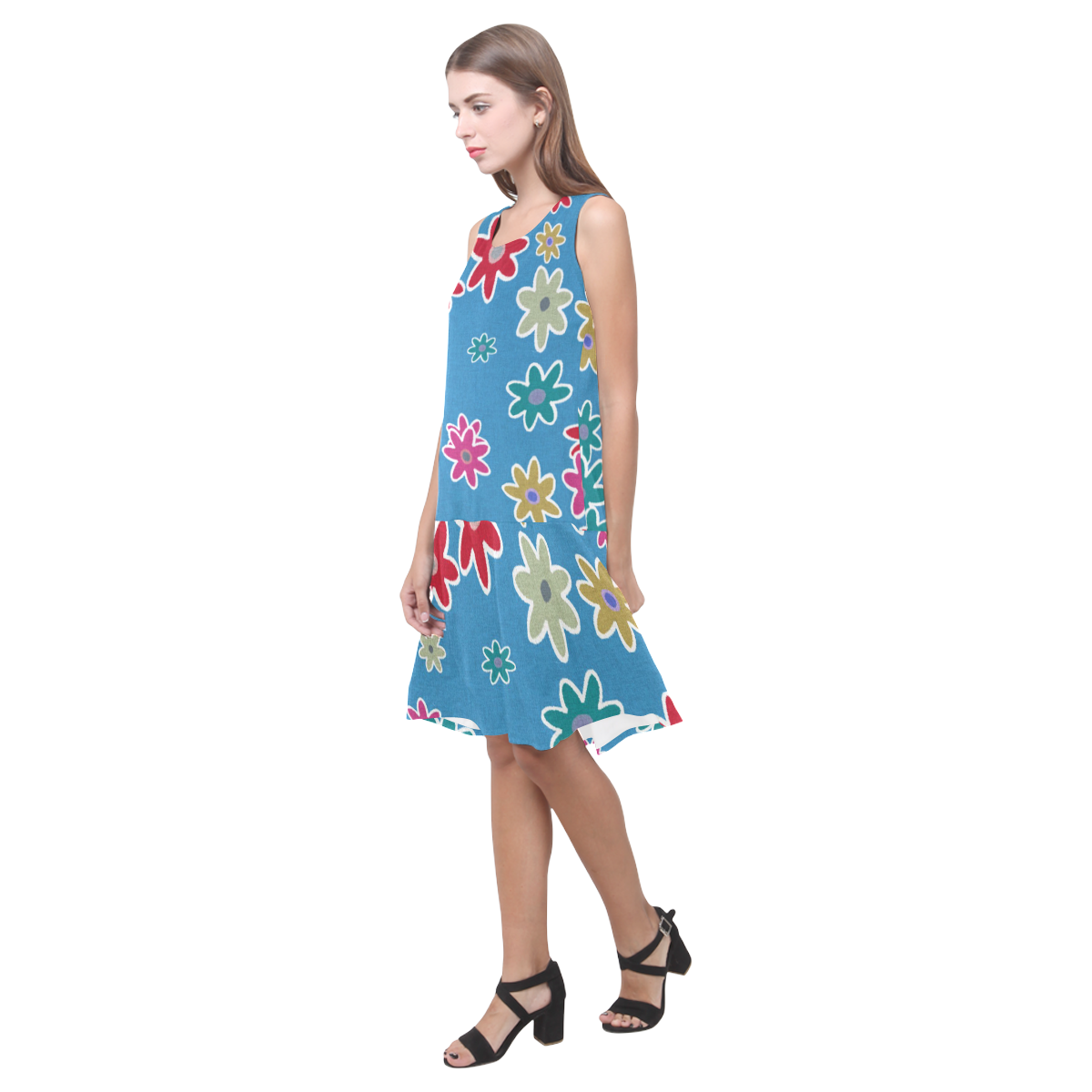 Floral Fabric 1A Sleeveless Splicing Shift Dress(Model D17)