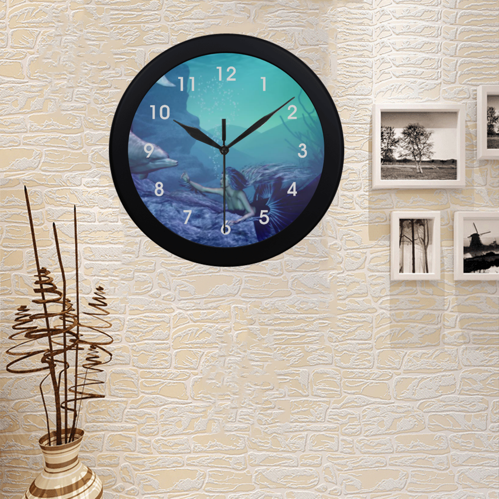 mermaid and dolphin Circular Plastic Wall clock