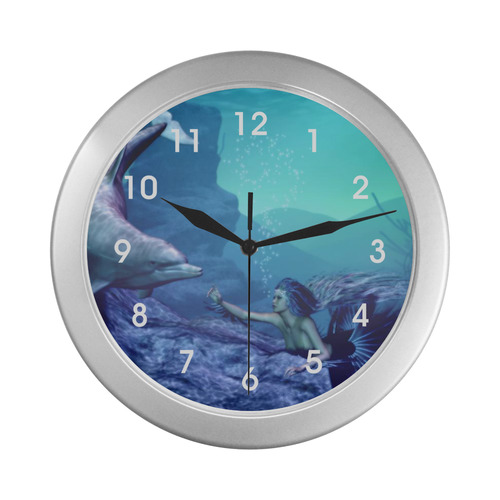 mermaid and dolphin Silver Color Wall Clock