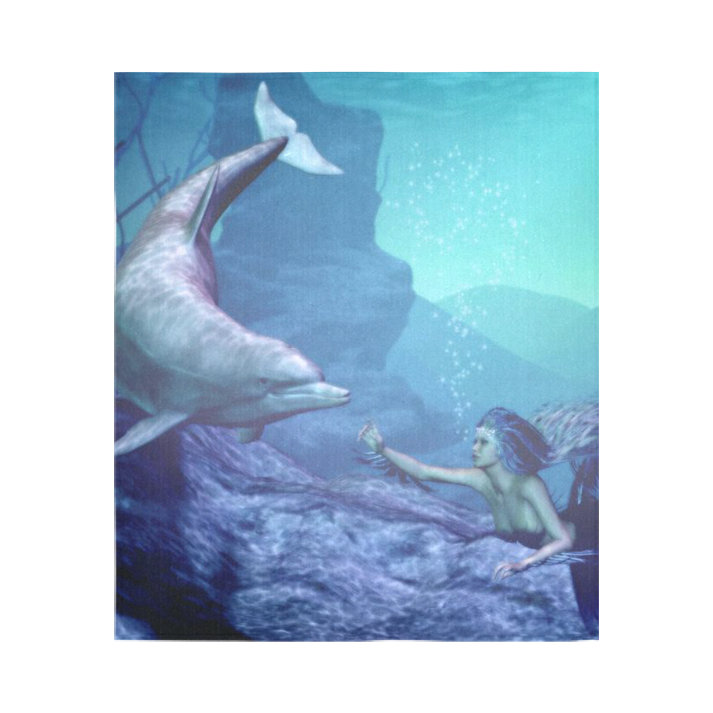 mermaid and dolphin Cotton Linen Wall Tapestry 51"x 60"
